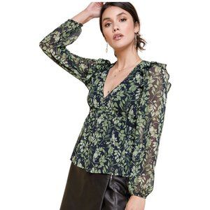 Francesca’s Mi Ami Green Leaf Pattern Peplum Blouse Size S